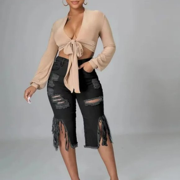 Passion of Essence Denim - Black  Long Fringed Hole Stretch Jeans